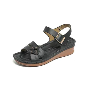 Women's Western Wedge Sandals Casual Hollow Flower Decoration Comfortable PU Leather Mid-Heel Beach Shoes For Daily Summer Wear
