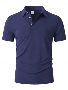 Close-up of a navy blue polo shirt with three white buttons and a classic collar.