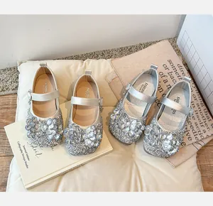 Chaussures Mary Jane argentées pour filles avec grand papillon en strass brillant