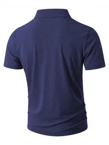 Detailed back view of a classic navy blue short sleeve polo shirt for men in casual style