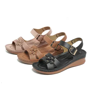 Ladies comfortable wedge sandals with flower applique and ankle strap in three colors