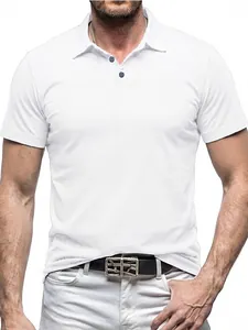 Classic men's slim-fit white short-sleeved polo shirt featuring a casual lapel collar design