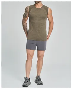 Full view of men's seamless cationic gym tank top in heathered olive green fabric