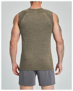 Rear view of seamless men's athletic tank top in breathable olive green fabric