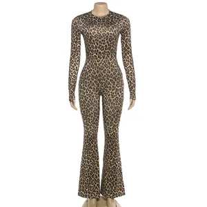 Full view of a leopard print long sleeve jumpsuit with flared legs on a mannequin.