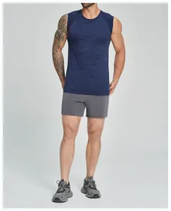 Close-up detail of men's heather navy athletic tank top in seamless breathable fabric.