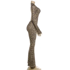 Side profile of a leopard print backless long sleeve flared jumpsuit on a mannequin.