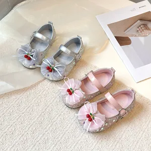 Girls Princess Mary Jane Shoes Rhinestone Bow Sequin Crystal Shoes With Cherry Decor Soft Sole Non-Slip Party Wedding Shoes For Kids