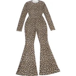 Fashionable leopard print long sleeve jumpsuit featuring high waist and flared leg cut