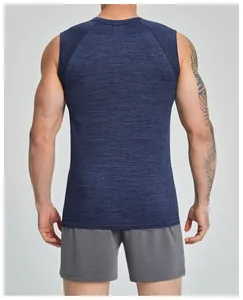 Back view of a men's quick-dry navy blue sports tank top with a seamless athletic fit