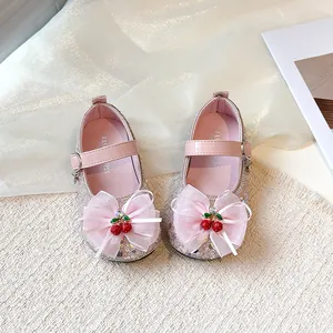 Elegant sparkling pink princess shoes for girls with large bow-knot and cherry charms