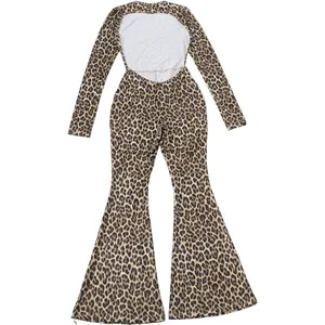 Detailed back view of a leopard print long sleeve jumpsuit featuring a sexy open back design.
