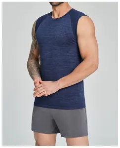 Detail view of men's blue cationic seamless breathable quick-dry sports tank top.
