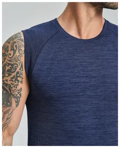 Detail of blue cationic sleeveless sports vest showing moisture-wicking fabric texture.