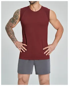 Close-up of men's burgundy quick-dry seamless sports tank top showing fabric texture
