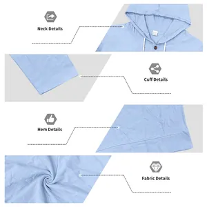 Detailansichten von Ausschnitt Manschette Saum und Leinenstoff des Herren Kapuzenshirts