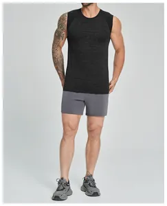 Full front view of man wearing a seamless quick-dry athletic tank top for fitness training