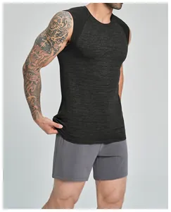 Close-up of men's quick-dry cationic seamless fitness tank top in dark grey