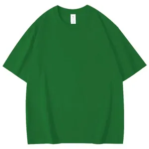 Close-up detail of a plain emerald green crew neck short-sleeved cotton T-shirt for men