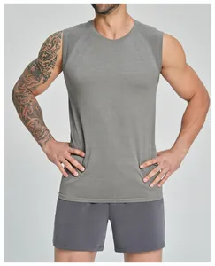 Front view of men's grey cationic seamless sports tank top with breathable mesh details