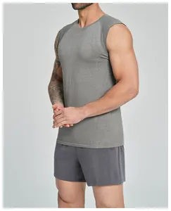 Side view of a men's grey cationic seamless breathable sports tank top for fitness training