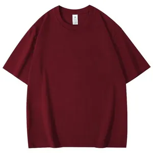Close-up of the neckline and fabric texture of this maroon men's crew neck T-shirt