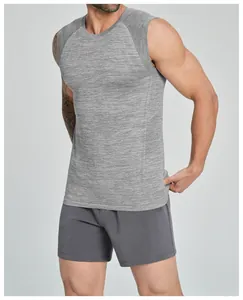 Close-up detail of men's gray seamless cationic fitness tank top showing mesh texture