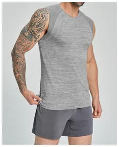 Detail of men's seamless breathable quick-dry grey fitness tank top with athletic fit.