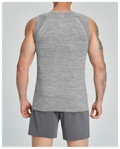 Rear view of a grey seamless sports tank top showing breathable mesh shoulder details