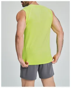 Back view of men's neon green quick-dry athletic tank top highlighting seamless fit
