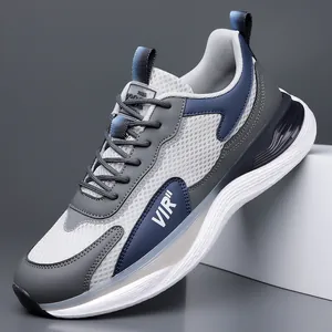 Zapatillas de running ligeras para hombre en malla transpirable gris y azul y cuero