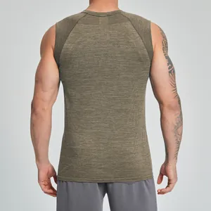 Back view of a men's seamless quick-dry olive green athletic tank top for fitness