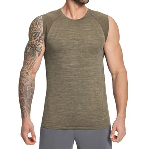 Men's olive green cationic seamless sports tank top for gym and fitness training