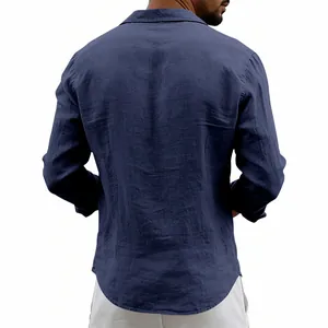 Detailed back view of a navy blue men's loose linen long sleeve shirt with texture