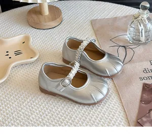 Silver girls' Mary Jane shoes featuring crystal-embellished straps and ballet pleated toes