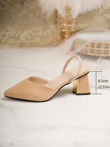 Detailed view of apricot pointed toe slingback sandal with a 6.5cm chunky heel