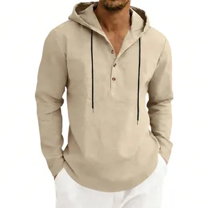 Detailed close-up of the neckline and button placket of a men's khaki linen hooded shirt