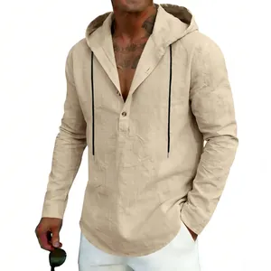 Men's casual linen Henley hoodie with long sleeves and black drawstrings in sand color.