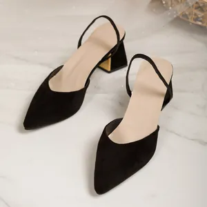 Women's French Elegant Suede Closed Toe Sandals Slingback Chunky Mid Heel Pointed Toe Dress Shoes With Gold Metal Detail