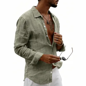 Detailed view of breathable sage green linen long sleeve shirt texture and relaxed fit