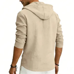 Back view of men's beige breathable linen hooded Henley shirt for beach wear
