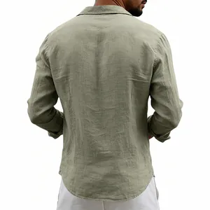 Back view of a sage green long-sleeved linen shirt for men in a relaxed fit
