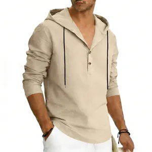 Close-up detail of men's beige linen hoodie featuring a Henley placket and drawstring hood