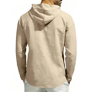 Detailed back view of men's casual beige linen hoodie showing breathable fabric texture