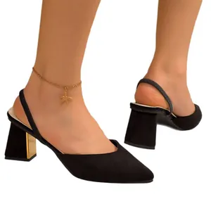 French style black suede closed-toe slingback sandals with gold block heel