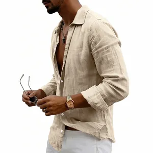 Relaxed fit men's linen long-sleeved shirt featuring breathable solid color fabric design.