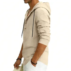 Men's casual linen hoodie long sleeve breathable Henley shirt for beach vacation wear