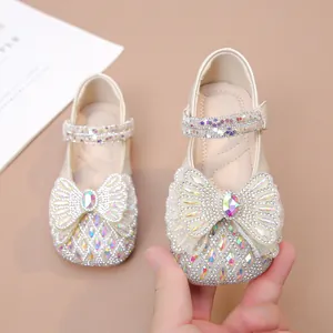 Zapatos de cristal de princesa con diamantes para niñas con lazo grande para vestidos