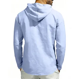 Detailed back view of men's light blue casual linen hoodie showing soft fabric texture