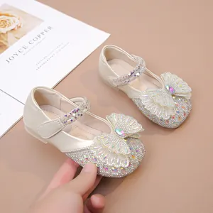 Zapatos de princesa brillantes para niñas con lazo de cristal para vestidos de gala